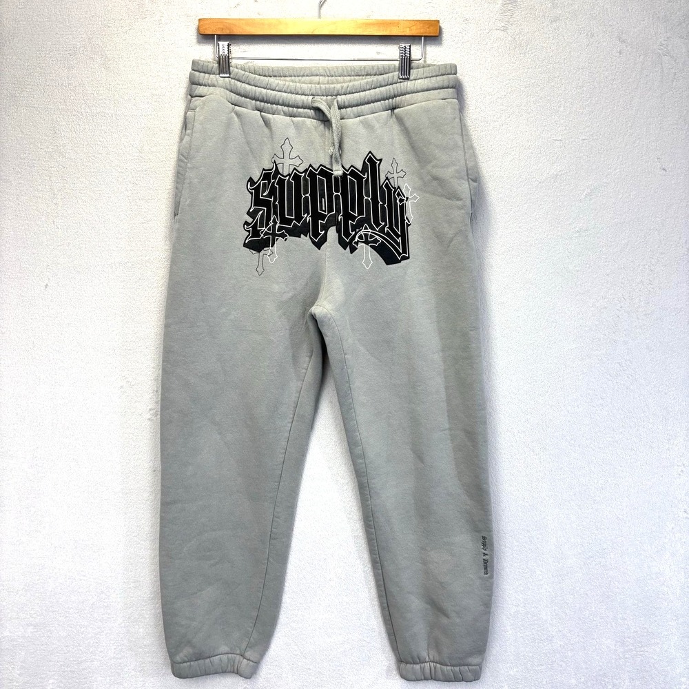 Supply & Demand Logo Sweatpants Mens Medium Gray Joggers Goth Y2K Streetwear